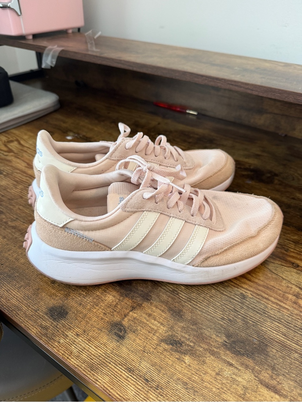 adidas blush pink sneakers with cream stripes